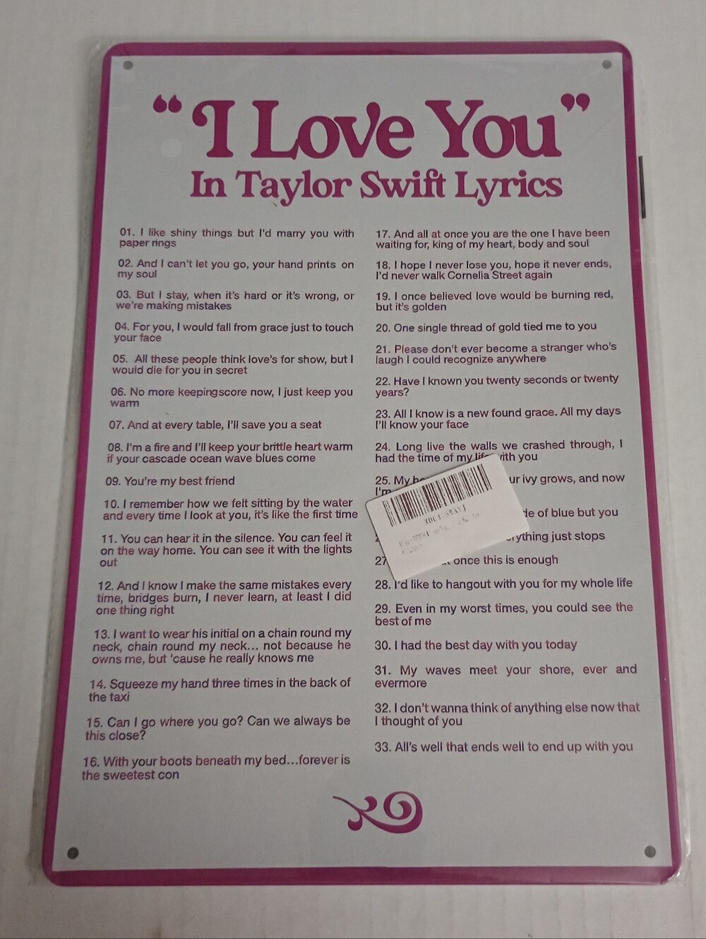 I Love You In Taylor Swift Lyrics Metal Tin Sign - 12" Tall 8" Wide